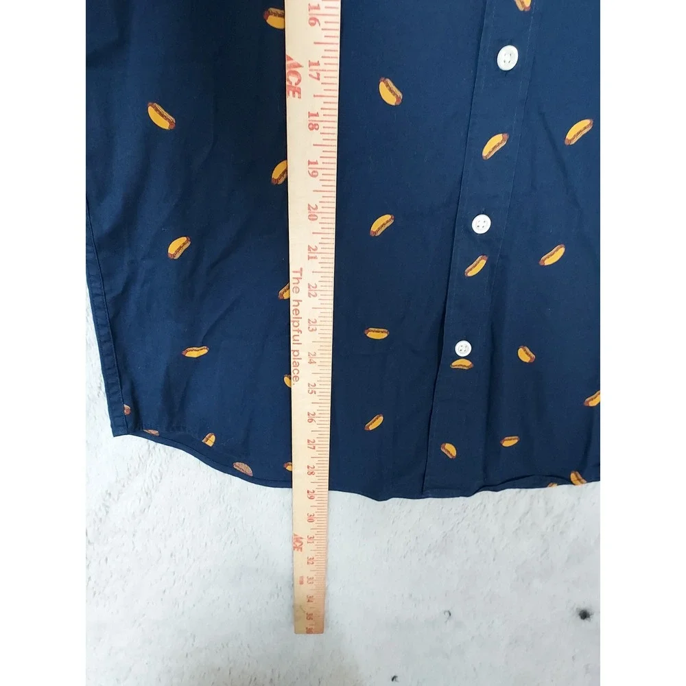 J Crew Shirt Mens Small Slim Flex Washed Hot Dog Print Short Sleeve Blue Novelty
